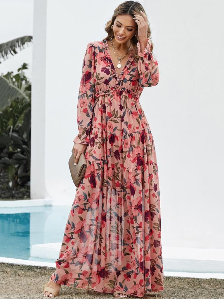 Dames Maxi Jurk V-Hals Ruches Getrapte Rok
