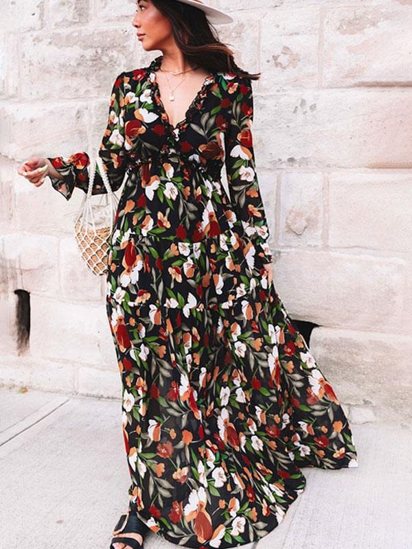 Dames Maxi Jurk V-Hals Ruches Getrapte Rok