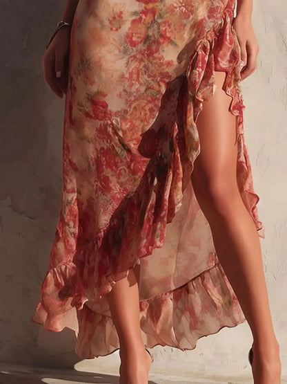 Dames Midi Jurk Met Bloemenprint En Asymmetrische Ruches