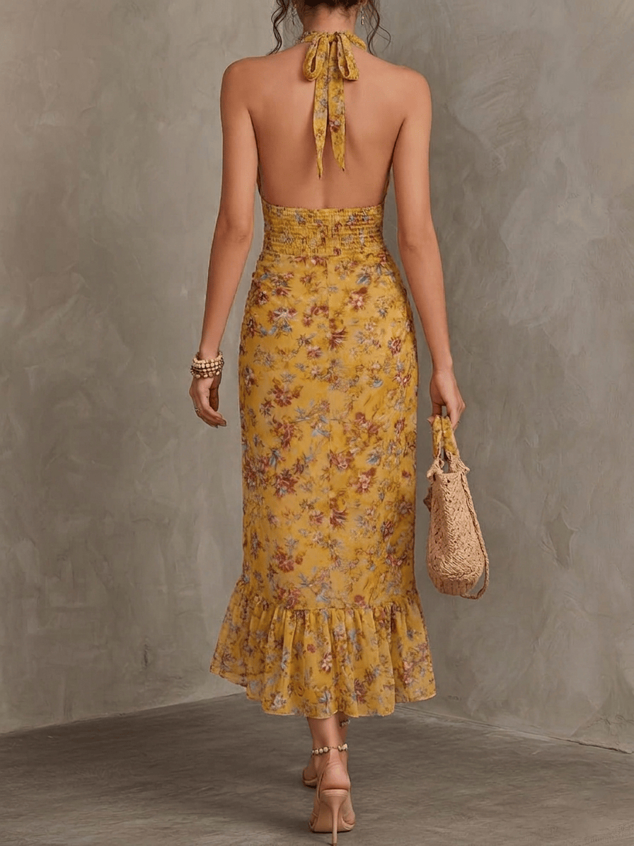 Dames Midi Jurk Met Bloemenprint En Halterhals Geel