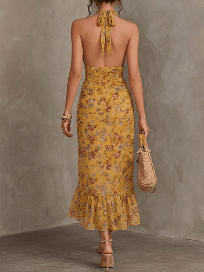 Dames Midi Jurk Met Bloemenprint En Halterhals Geel