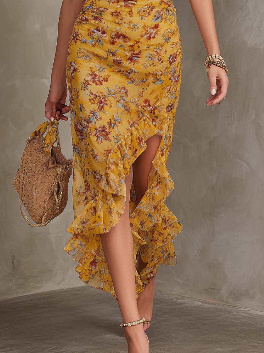 Dames Midi Jurk Met Bloemenprint En Halterhals Geel