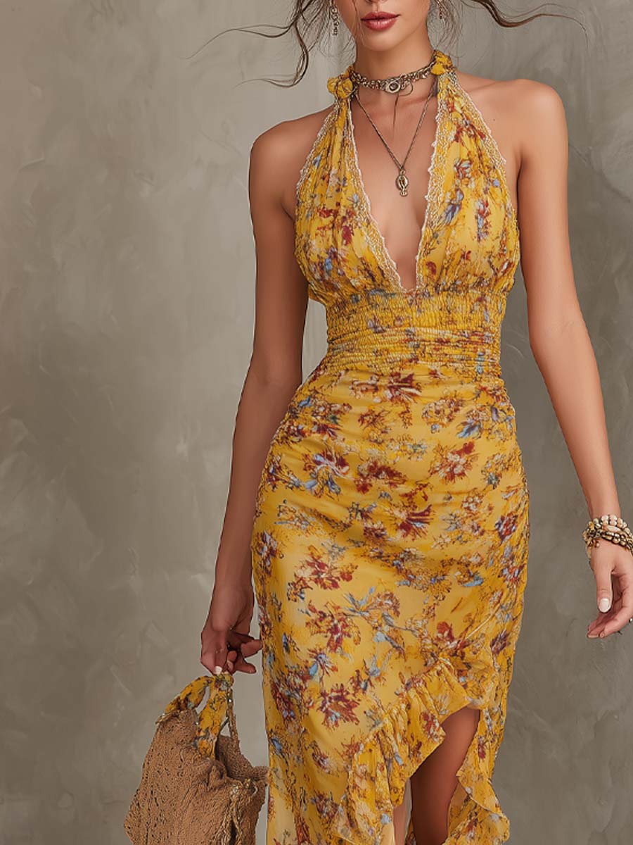 Dames Midi Jurk Met Bloemenprint En Halterhals Geel