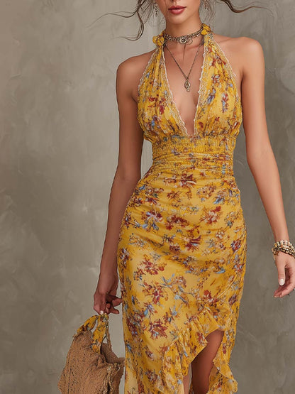 Dames Midi Jurk Met Bloemenprint En Halterhals Geel