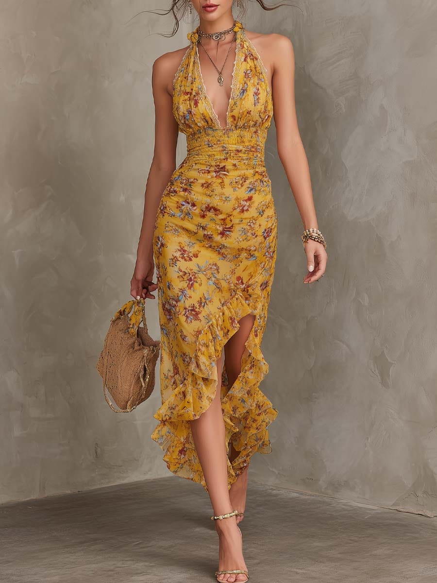 Dames Midi Jurk Met Bloemenprint En Halterhals Geel