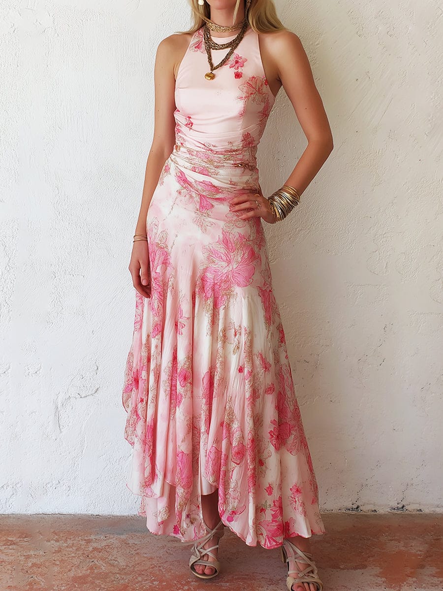 Dames Midi Jurk Met Bloemenprint En Halterhals Roze