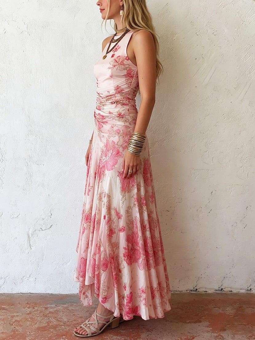 Dames Midi Jurk Met Bloemenprint En Halterhals Roze
