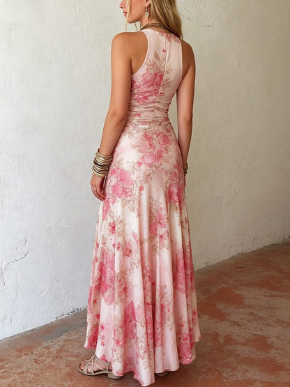 Dames Midi Jurk Met Bloemenprint En Halterhals Roze