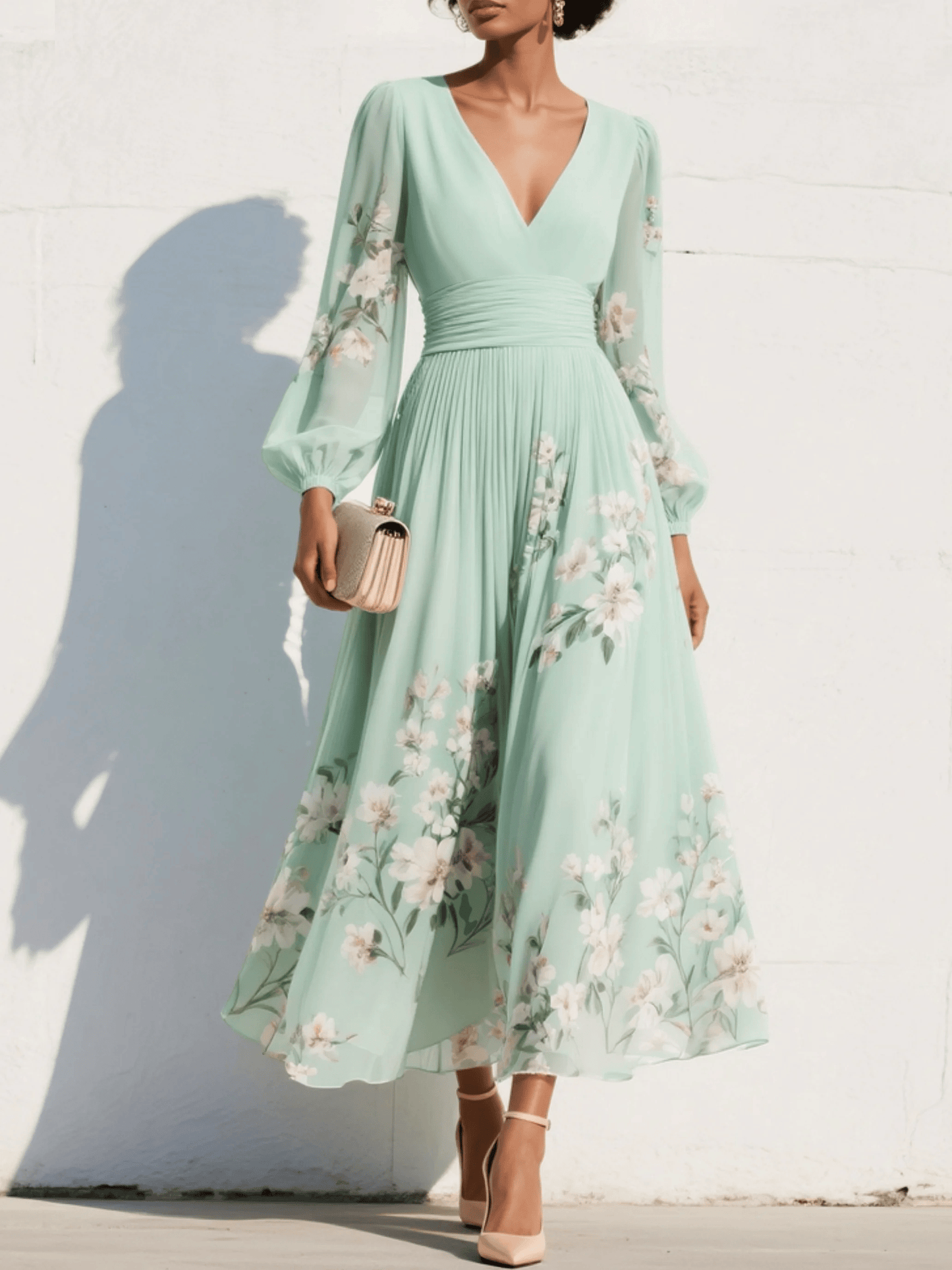 Dames Midi Jurk Met Bloemenprint En V Hals Groen