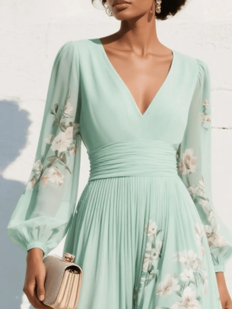 Dames Midi Jurk Met Bloemenprint En V Hals Groen