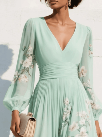 Dames Midi Jurk Met Bloemenprint En V Hals Groen