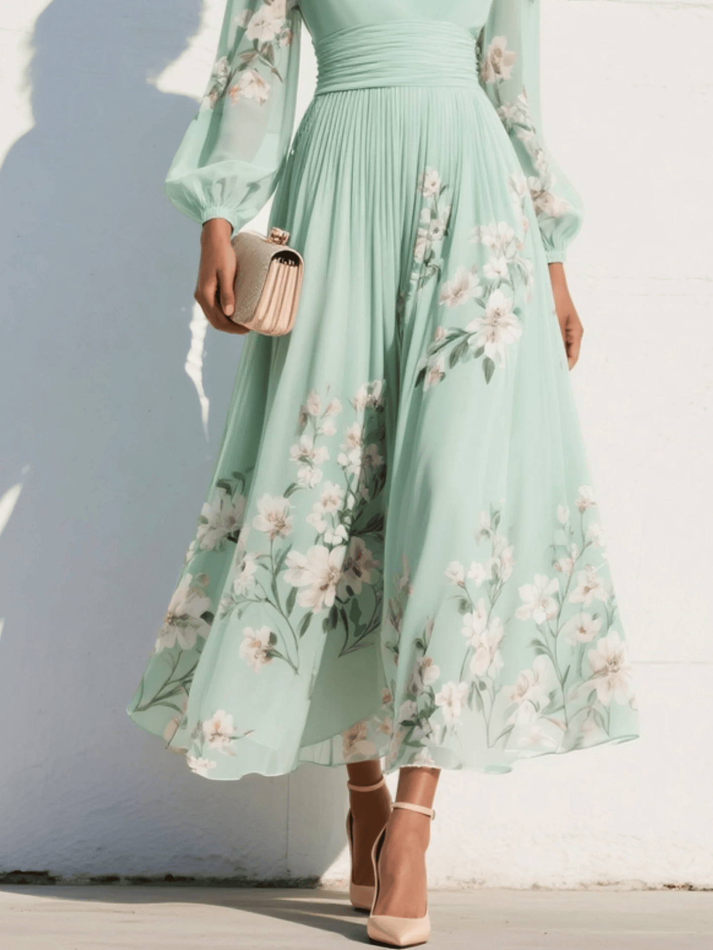 Dames Midi Jurk Met Bloemenprint En V Hals Groen