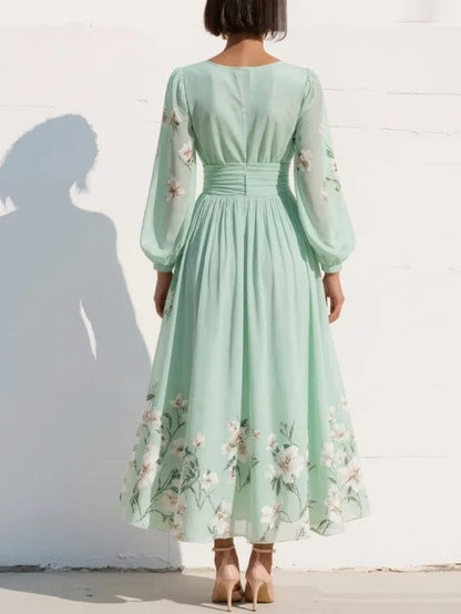 Dames Midi Jurk Met Bloemenprint En V Hals Groen