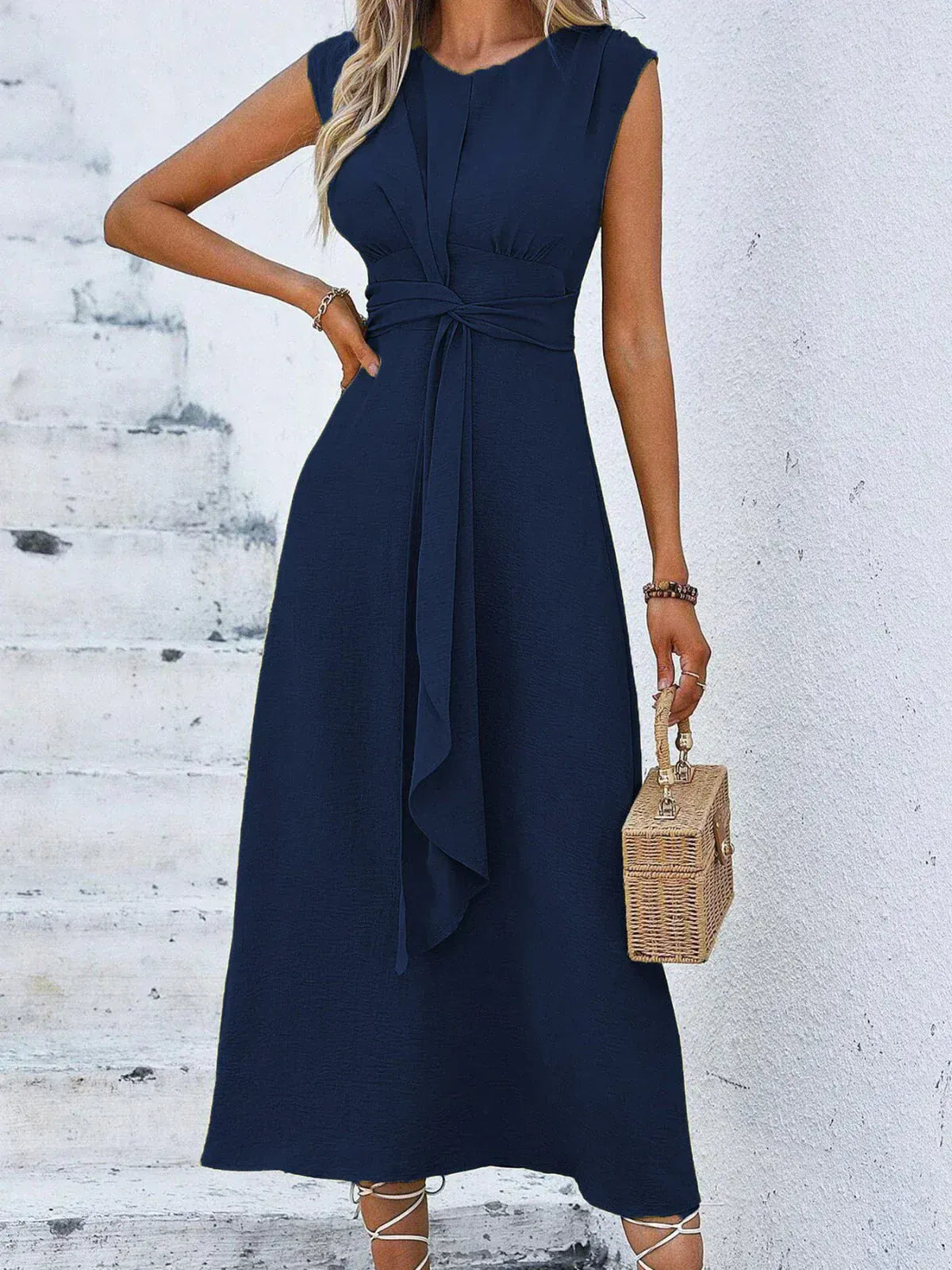 Dames Midi Jurk Met Gedrapeerde Taille En Strikdetail