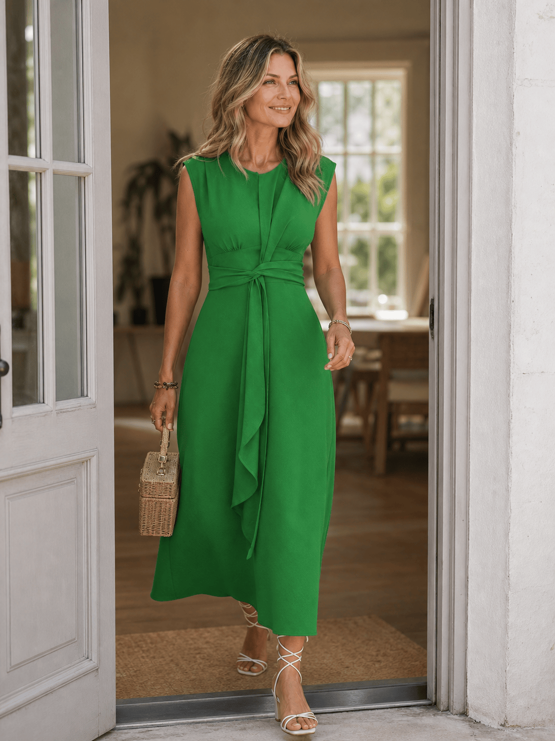 Dames Midi Jurk Met Gedrapeerde Taille En Strikdetail