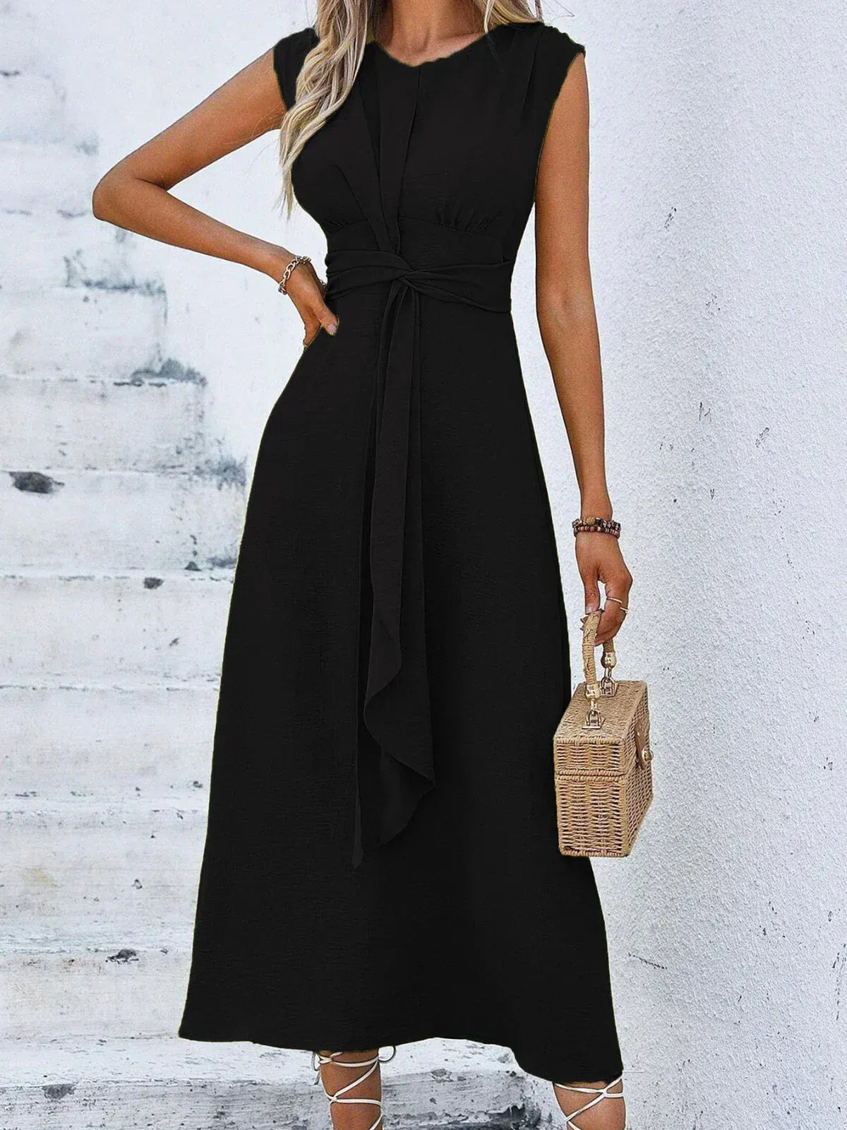 Dames Midi Jurk Met Gedrapeerde Taille En Strikdetail