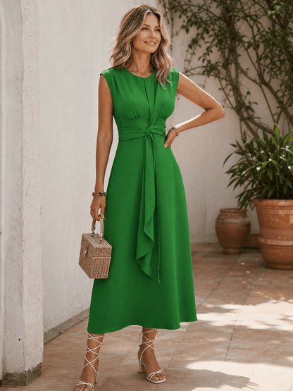 Dames Midi Jurk Met Gedrapeerde Taille En Strikdetail
