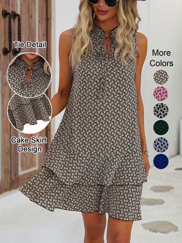 Dames Midi Jurk Met Geometrische Print En Strikdetail