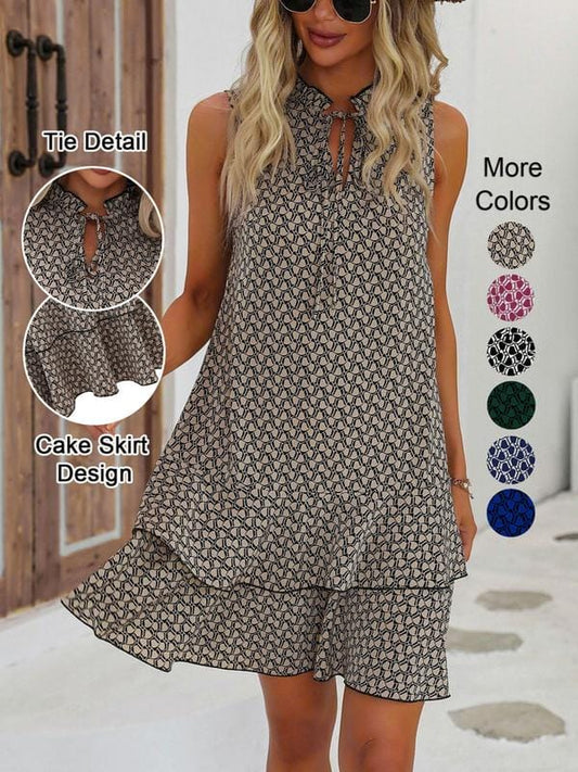Dames Midi Jurk Met Geometrische Print En Strikdetail