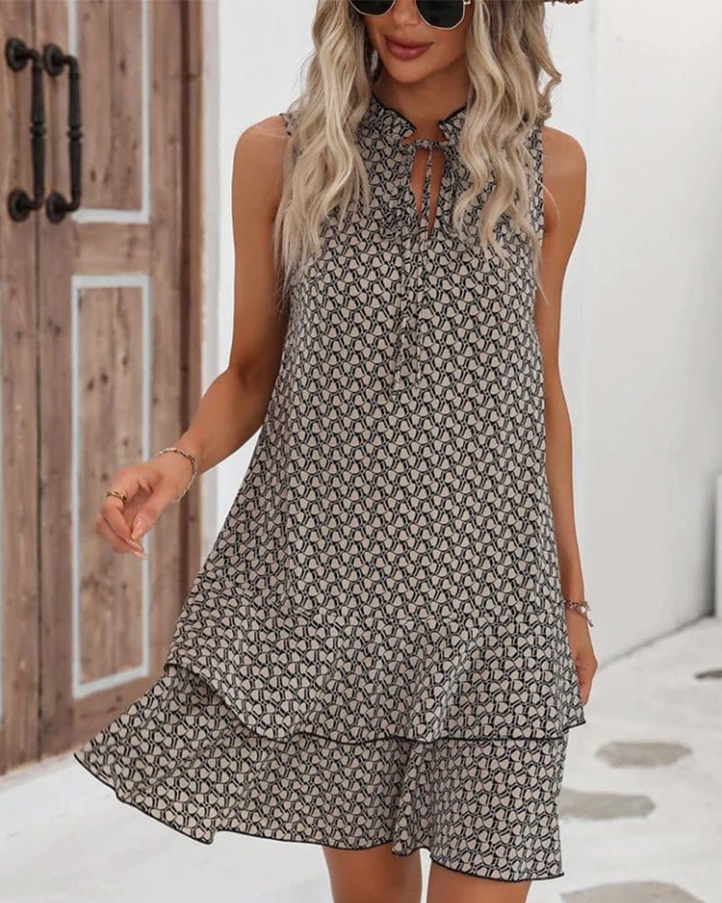 Dames Midi Jurk Met Geometrische Print Zwart Beige