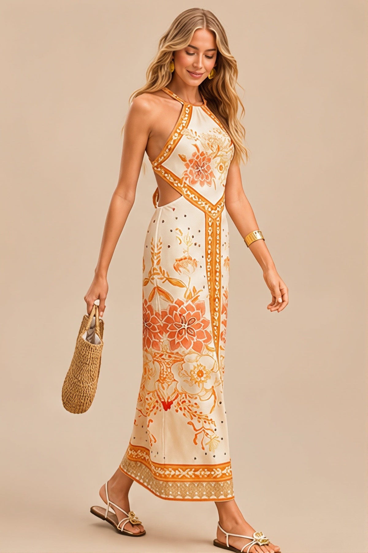Dames Midi Jurk Met Halternek En Bloemenprint