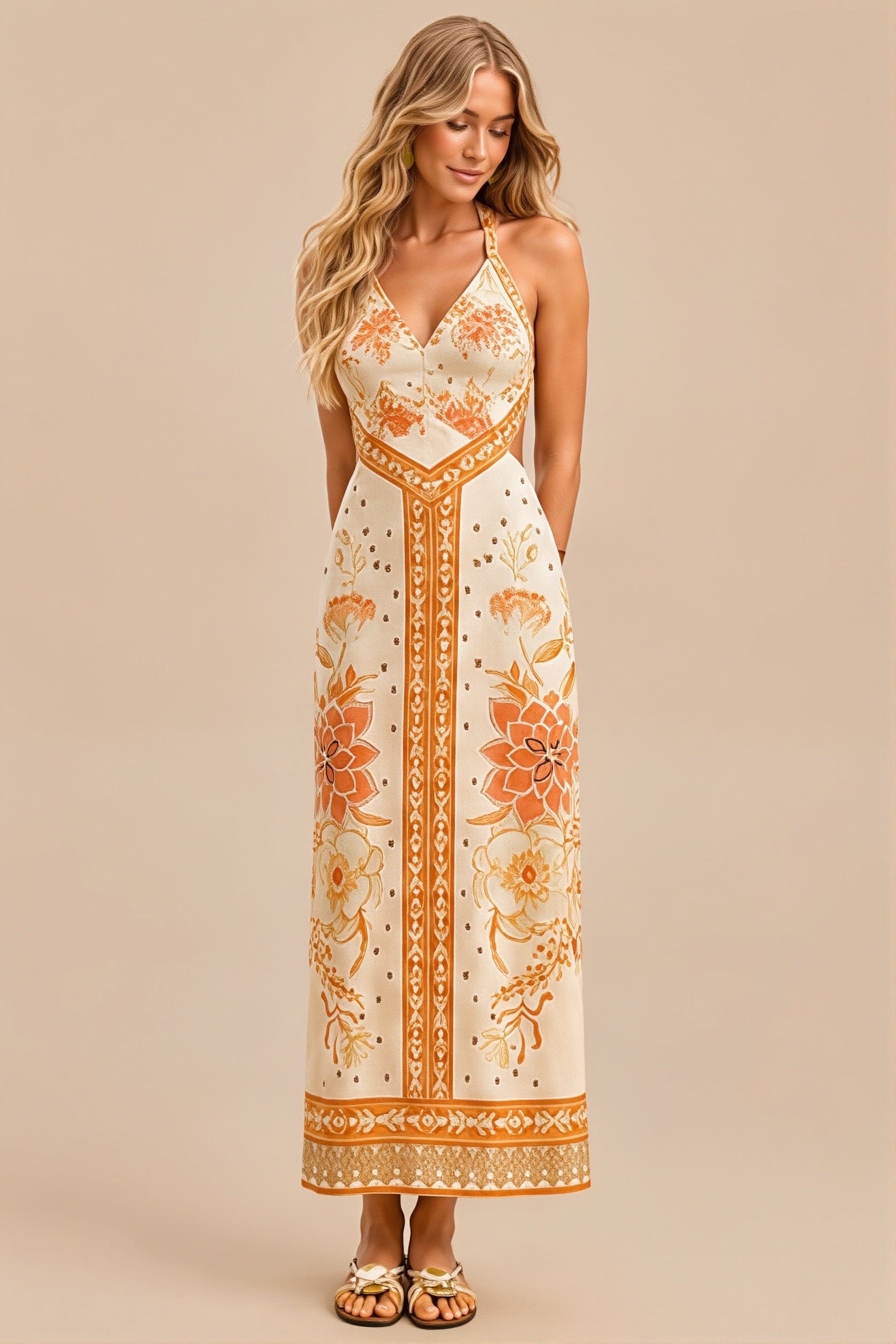 Dames Midi Jurk Met Halternek En Bloemenprint