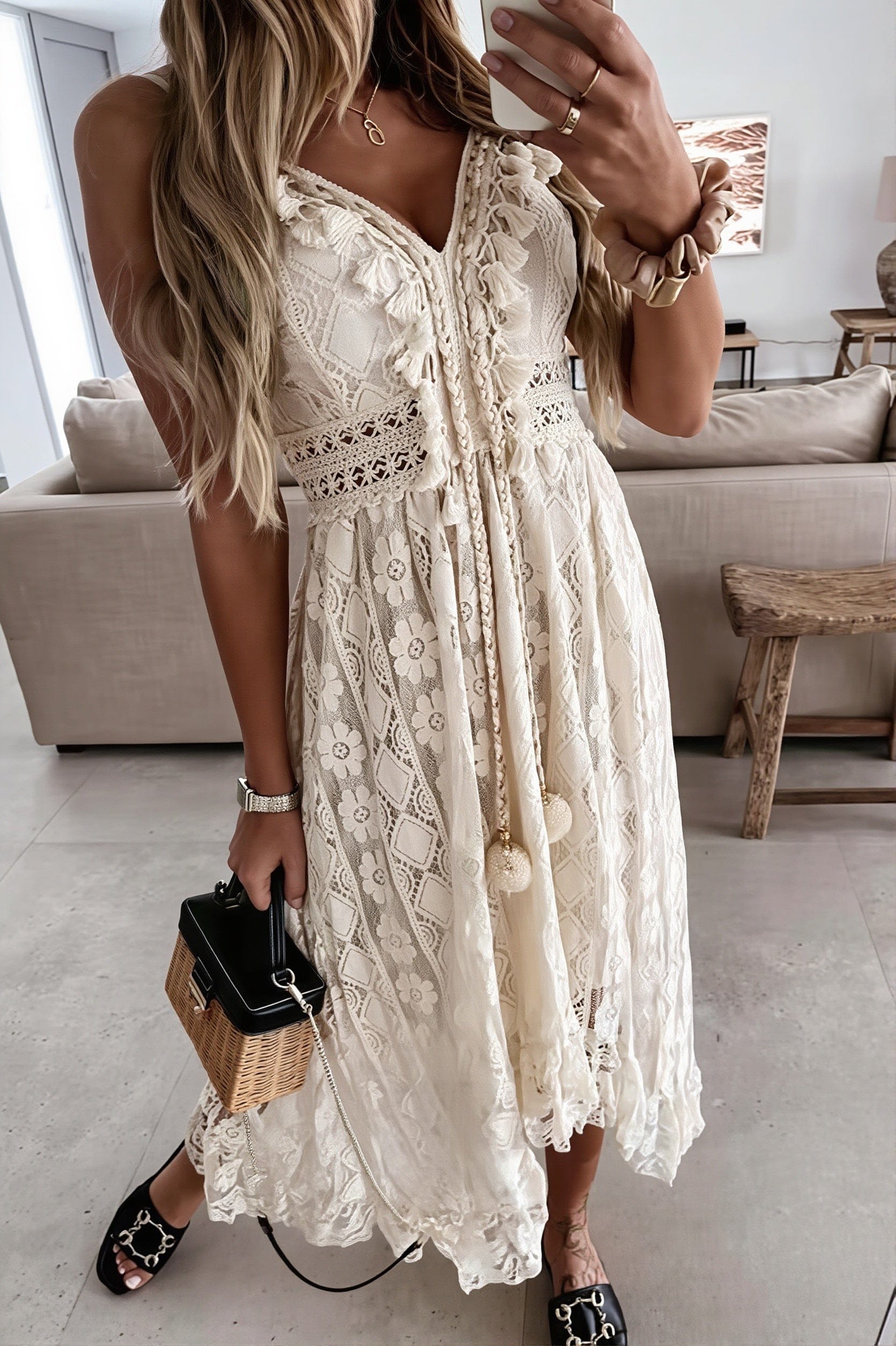 Dames Midi Jurk Met Kant En Hoge Taille
