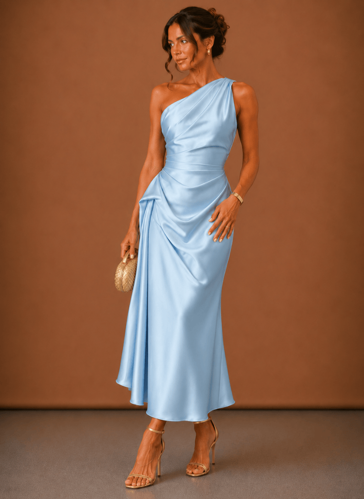 Dames Midi Jurk Satijn One Shoulder Bruiloft