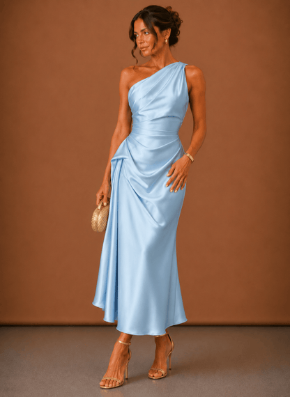 Dames Midi Jurk Satijn One Shoulder Bruiloft
