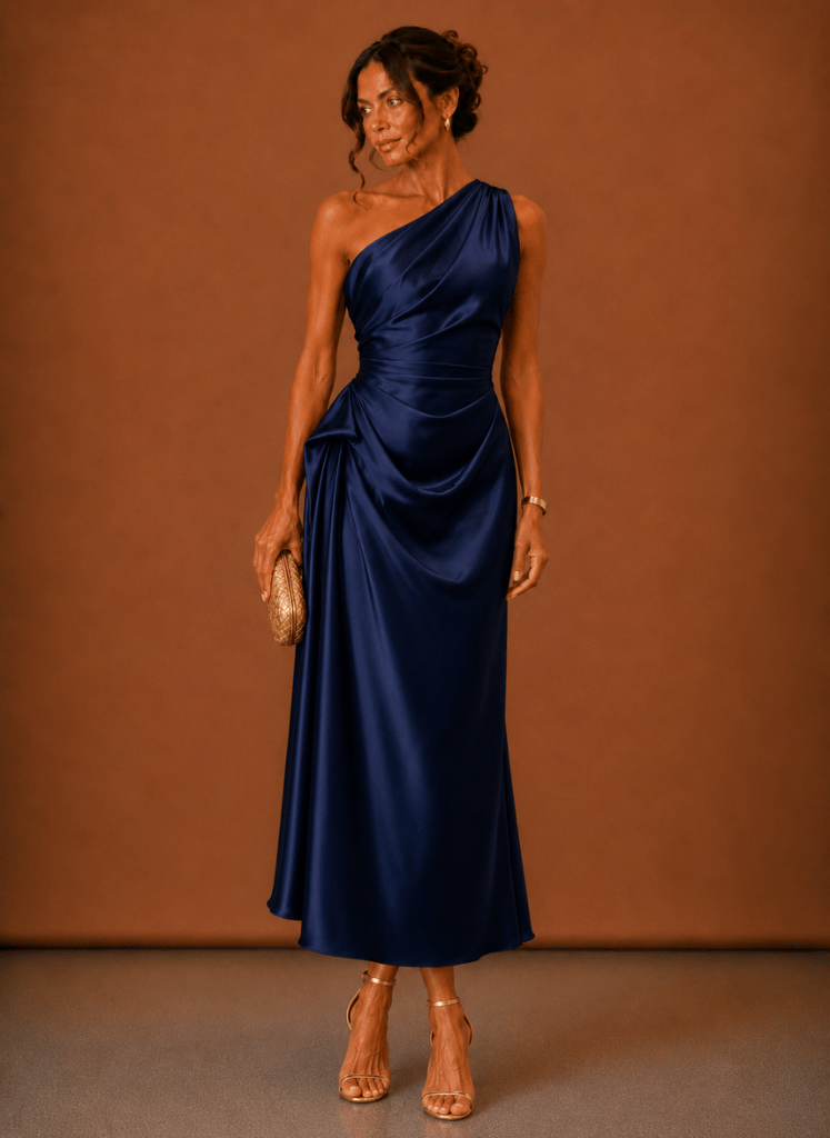 Dames Midi Jurk Satijn One Shoulder Bruiloft