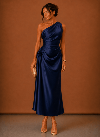 Dames Midi Jurk Satijn One Shoulder Bruiloft