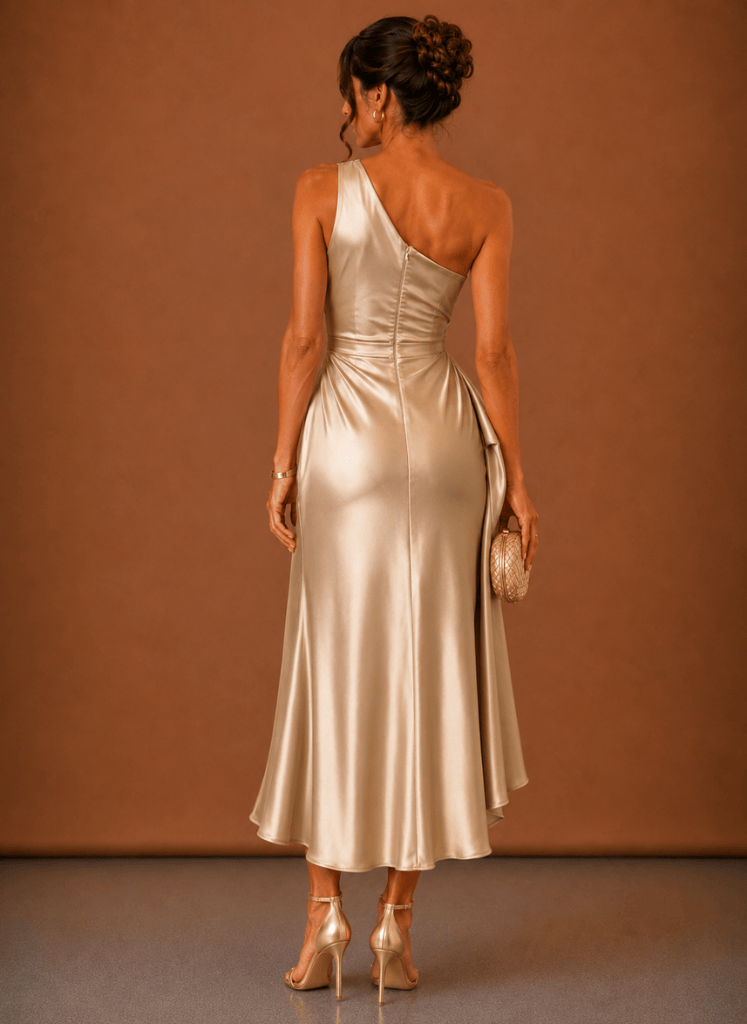 Dames Midi Jurk Satijn One Shoulder Bruiloft