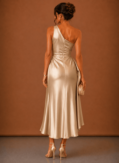 Dames Midi Jurk Satijn One Shoulder Bruiloft