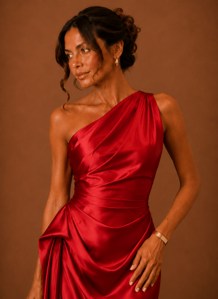 Dames Midi Jurk Satijn One Shoulder Bruiloft