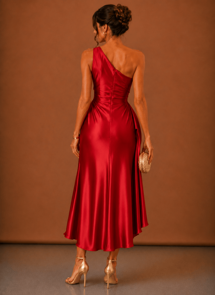 Dames Midi Jurk Satijn One Shoulder Bruiloft