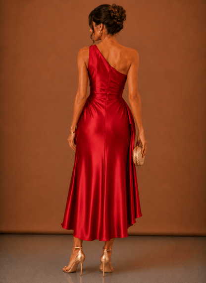 Dames Midi Jurk Satijn One Shoulder Bruiloft