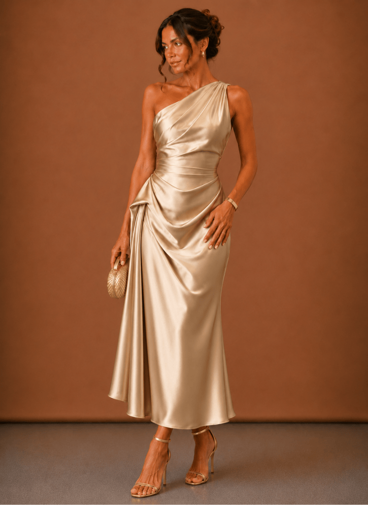Dames Midi Jurk Satijn One Shoulder Bruiloft