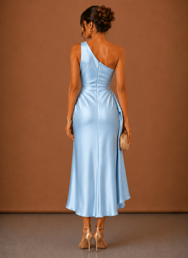 Dames Midi Jurk Satijn One Shoulder Bruiloft