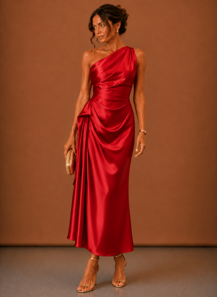 Dames Midi Jurk Satijn One Shoulder Bruiloft