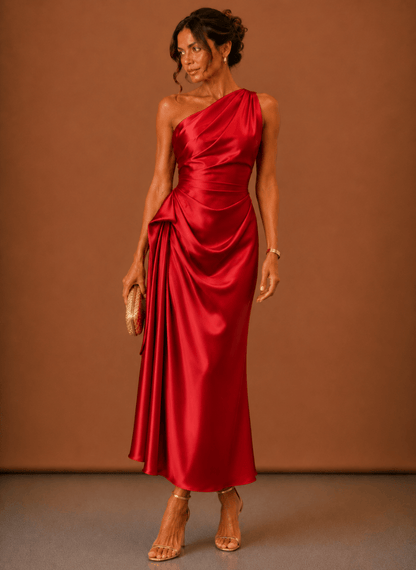 Dames Midi Jurk Satijn One Shoulder Bruiloft