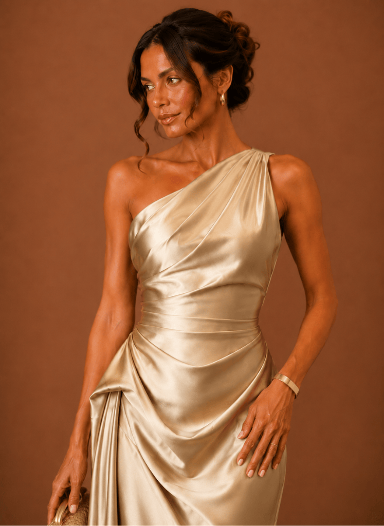 Dames Midi Jurk Satijn One Shoulder Bruiloft