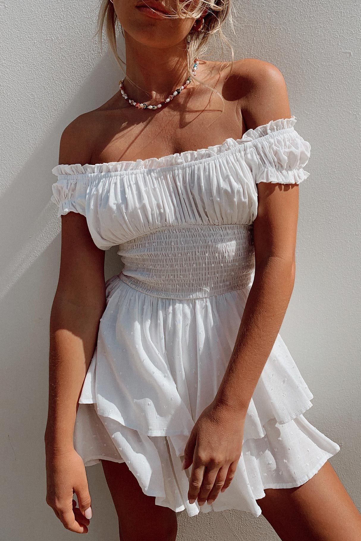 Dames Off Shoulder Wikkel Mini Jurk Met Borduursel