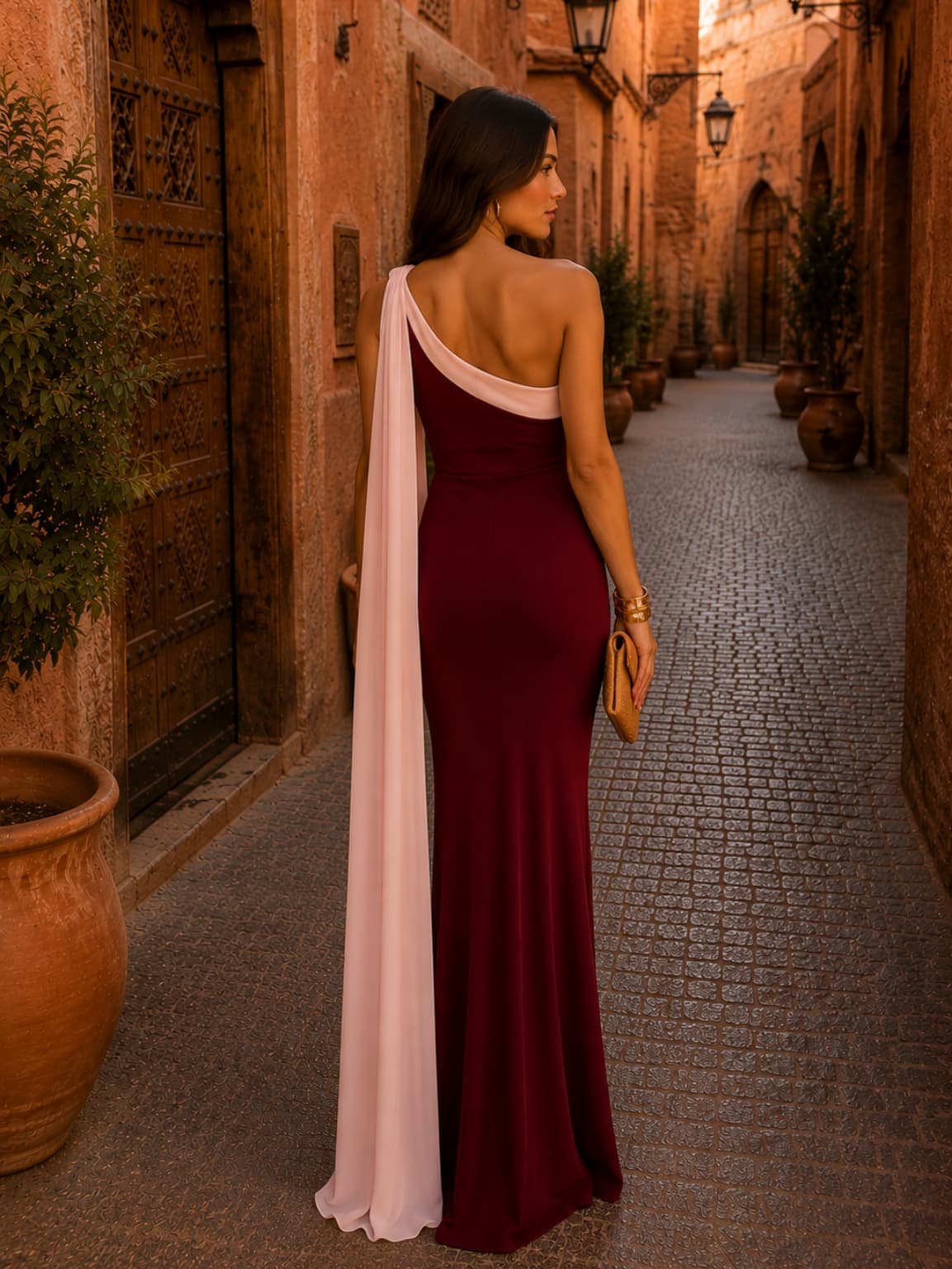 Dames One Shoulder Maxi Jurk Met Colourblock Detail