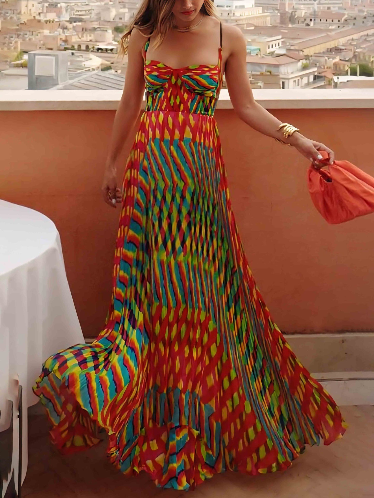 Dames Plissé Maxi Jurk met Geometrische Print Multikleurig