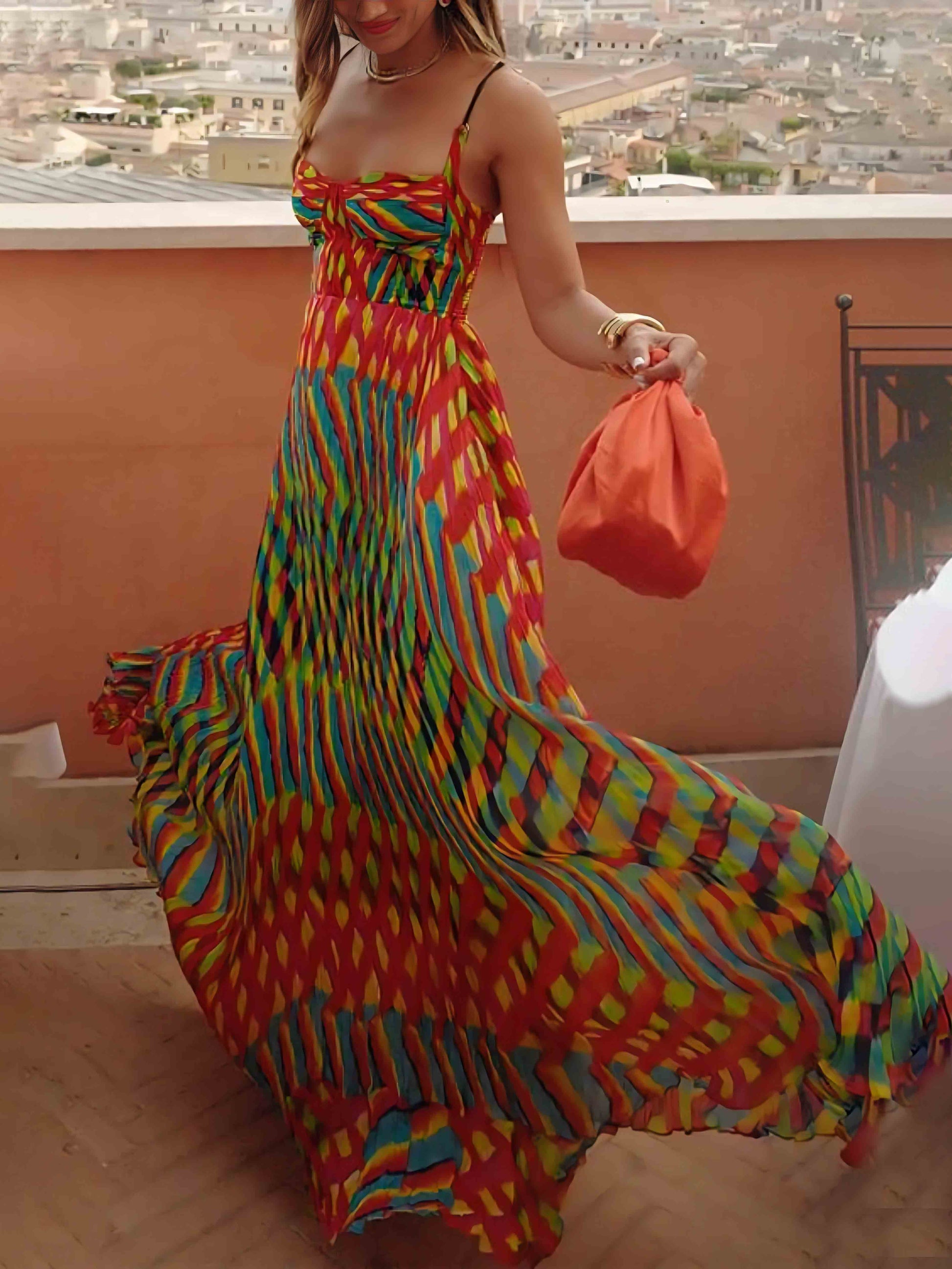 Dames Plissé Maxi Jurk met Geometrische Print Multikleurig
