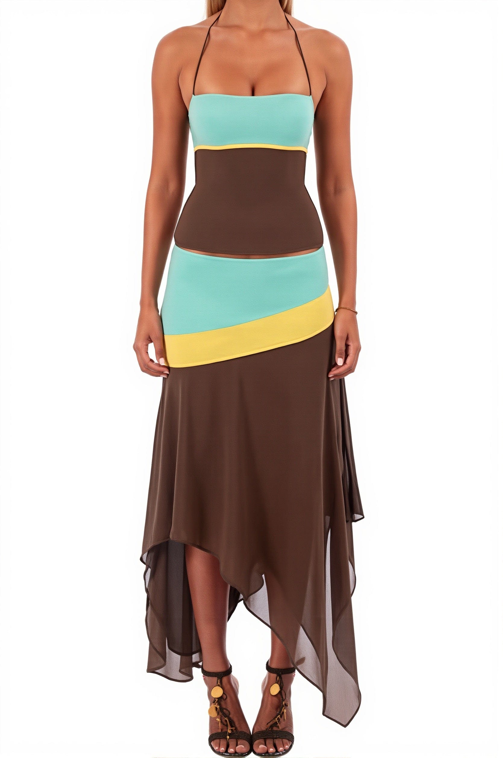 Dames Rokset Met Haltertop En Colorblock Design