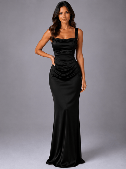 Dames Satijnlook Maxi Jurk Met Gerimpelde Taille