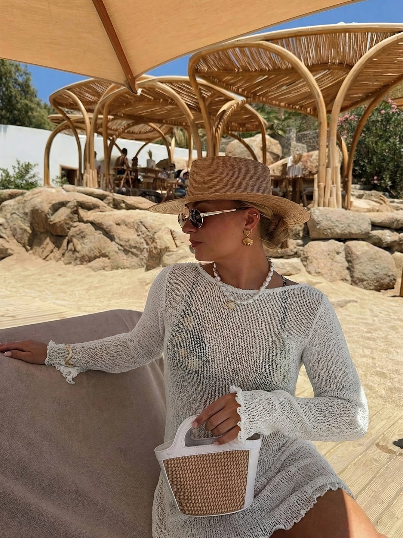 Dames Strandjurk In Opengewerkte Knit Mini