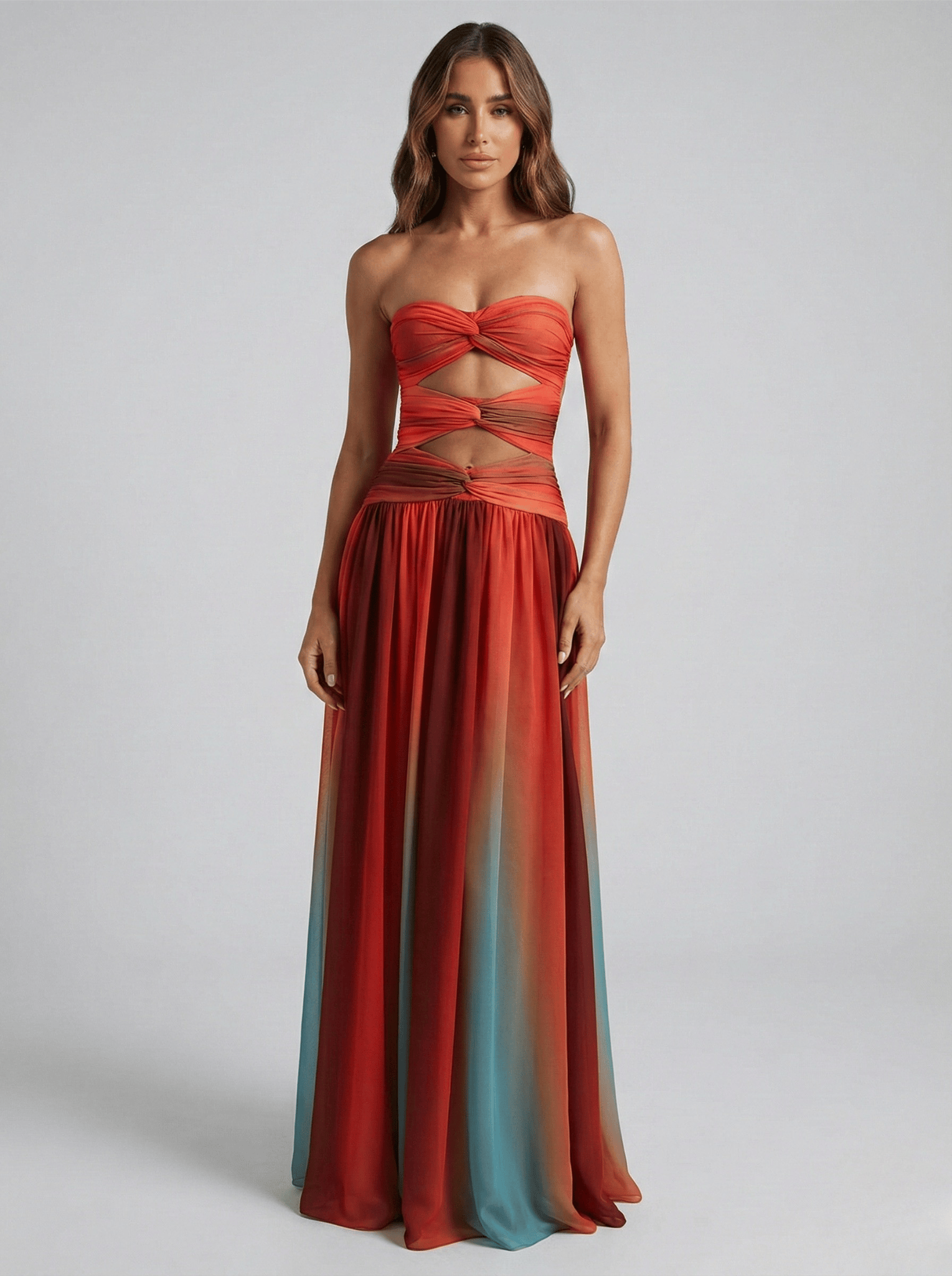 Dames Strapless Maxi Jurk Gedraaide Buste Taille Openingen Verloop Rood