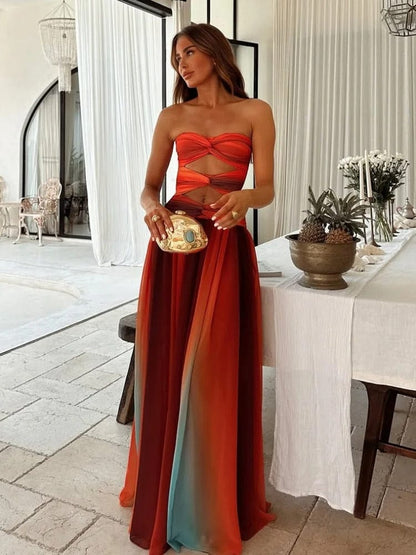 Dames Strapless Maxi Jurk Gedraaide Buste Taille Openingen Verloop Rood